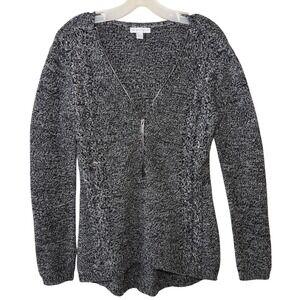 New York & Company Womens XS Black White Marled Cable Knit Half Zip Sweater